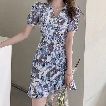 Blue Mini Dress With Ruching Detail