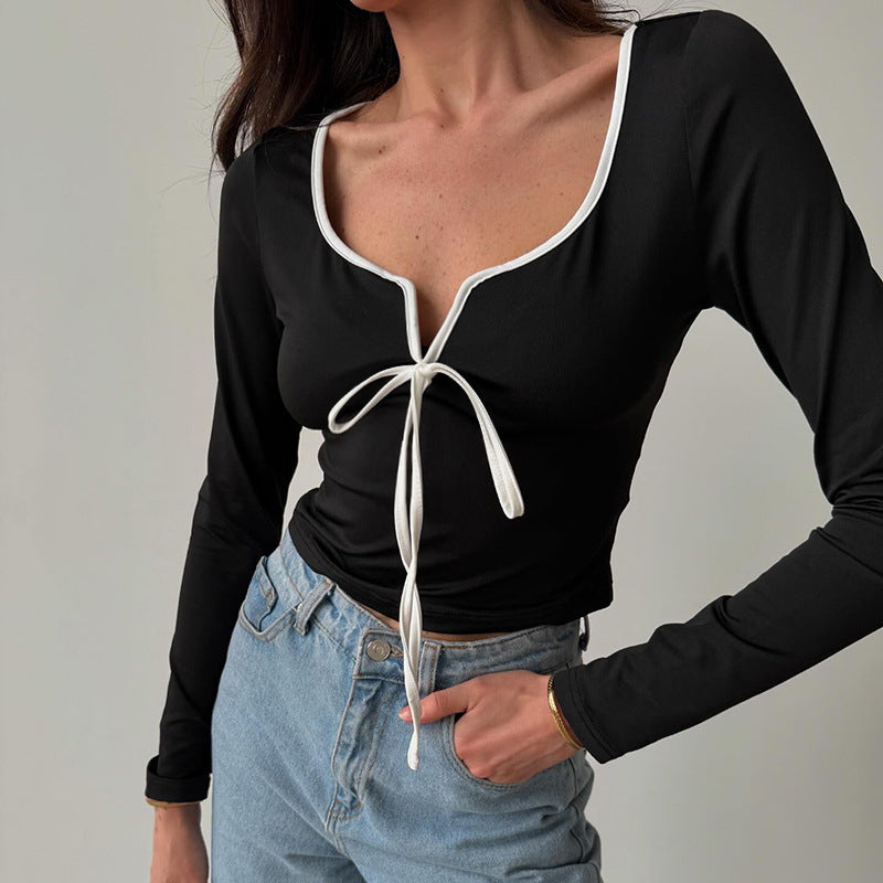 Black Long Sleeve Front Bow Crop Top