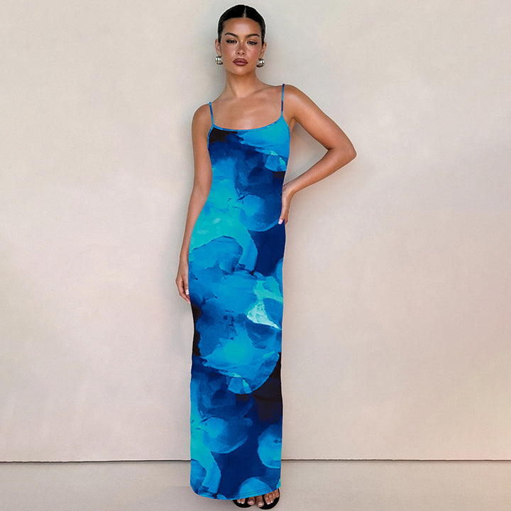 Blue Spaghetti Strap Printed Bodycon Dress