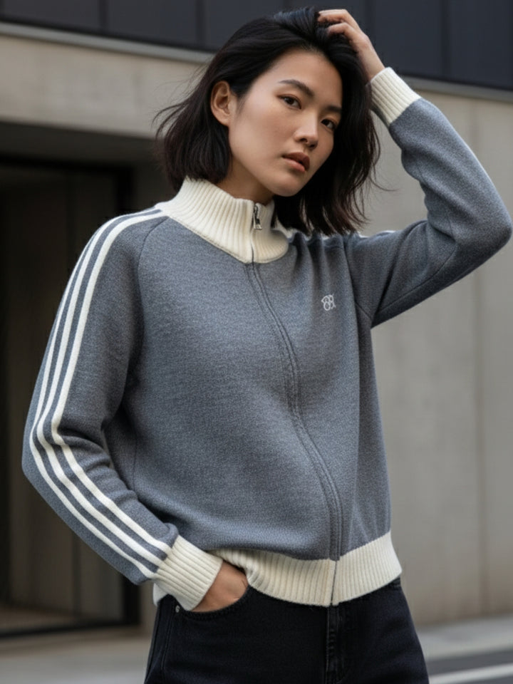 Grey Full Contrast Sleeves Front Zip Jackets