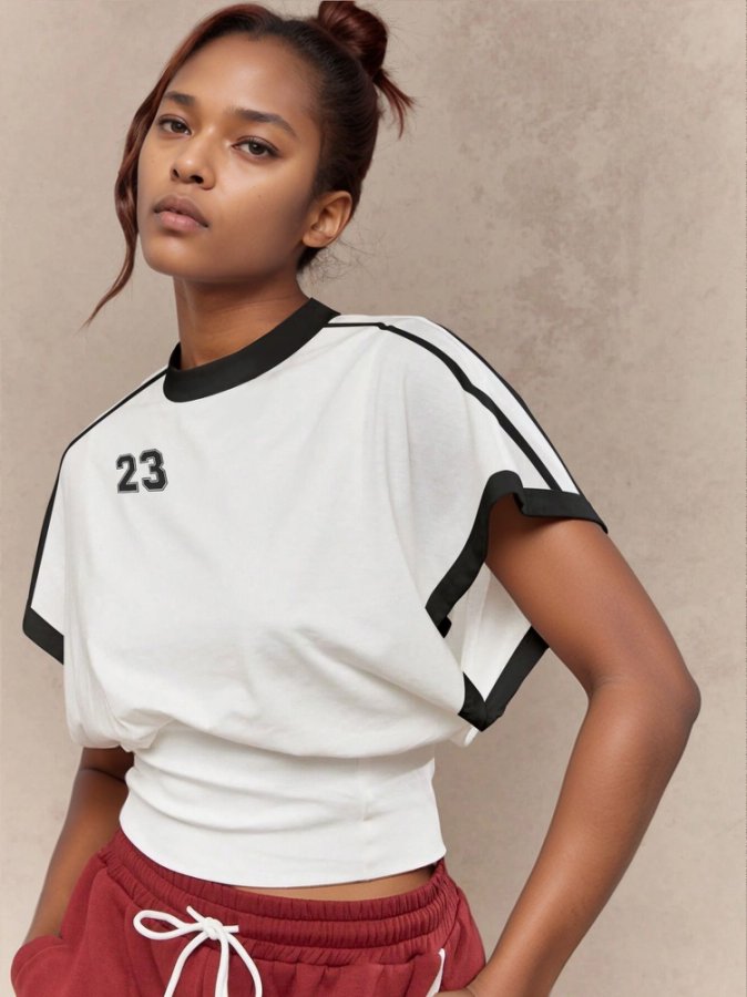 White Waist Fitted Contast Sleeve Hem Top