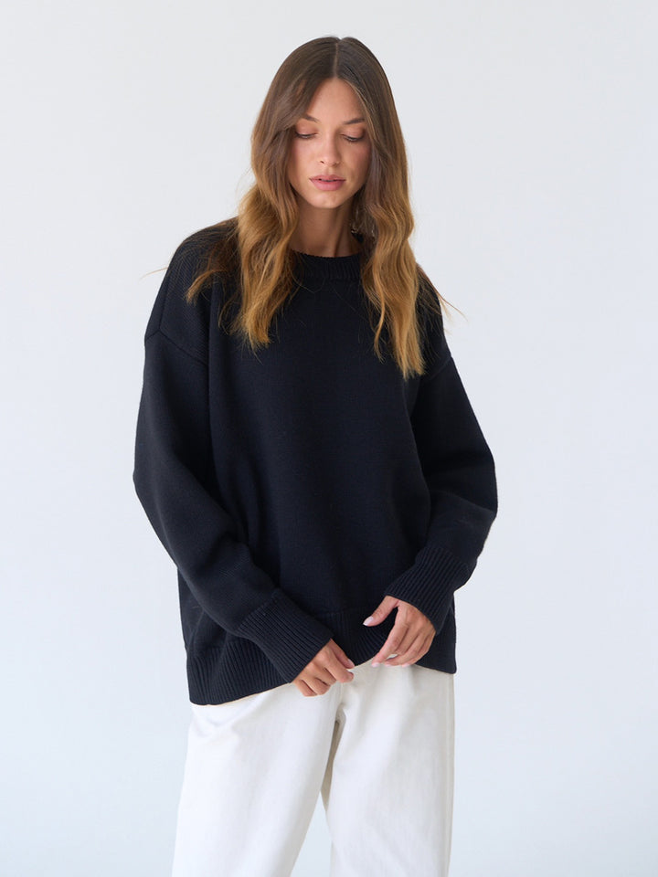 Black Relaxed High Neck Solid Sweater
