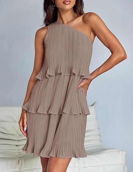 Brown One Shoulder Three Tiered Pleated Dress