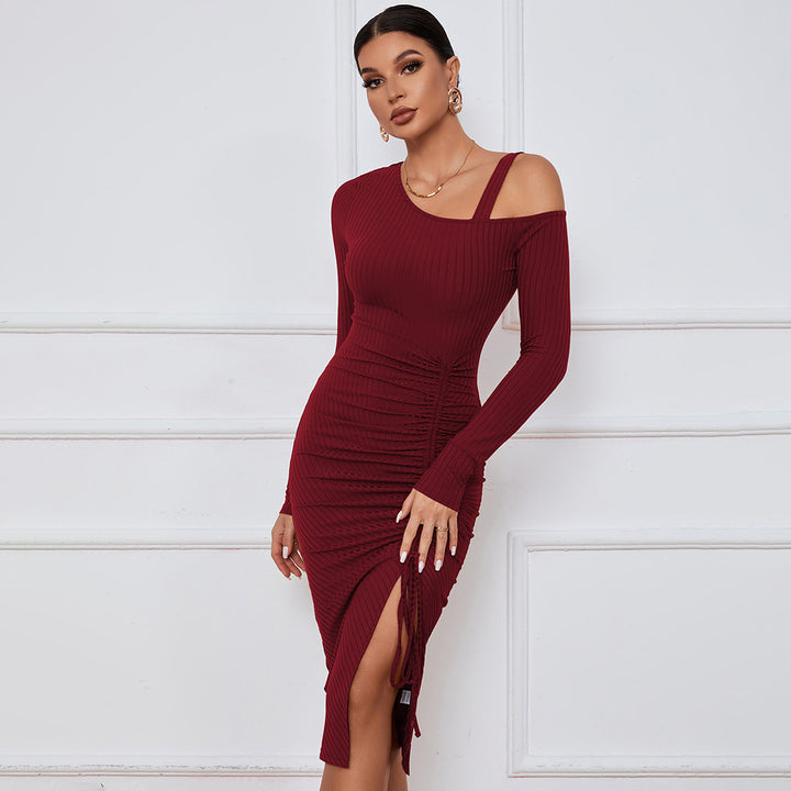 Wine Full Sleeve Cold Shoulder Front Ruched Dress