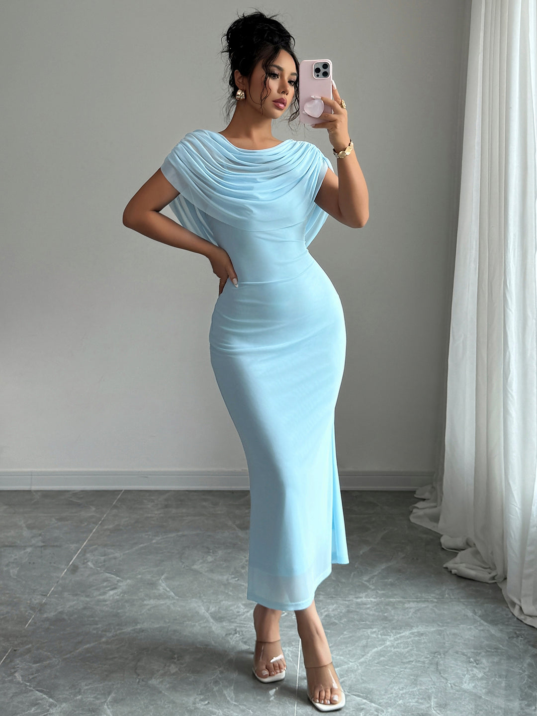 Blue Full Sleeve Cowl Neck Maxi Stress