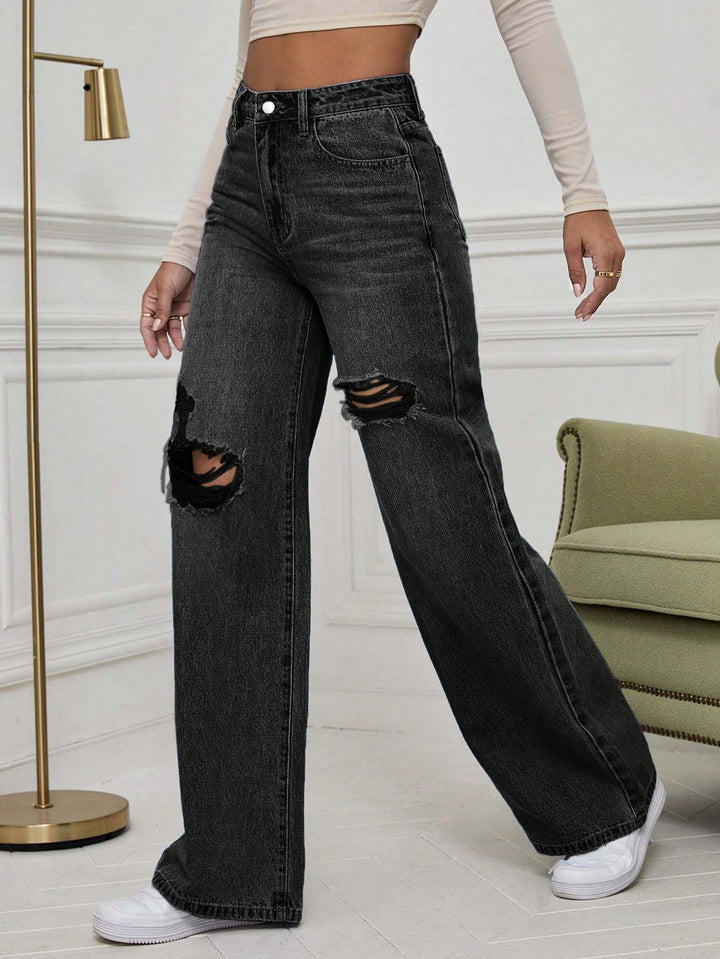 Black Knee And Thigh Distressed Baggy Jeans
