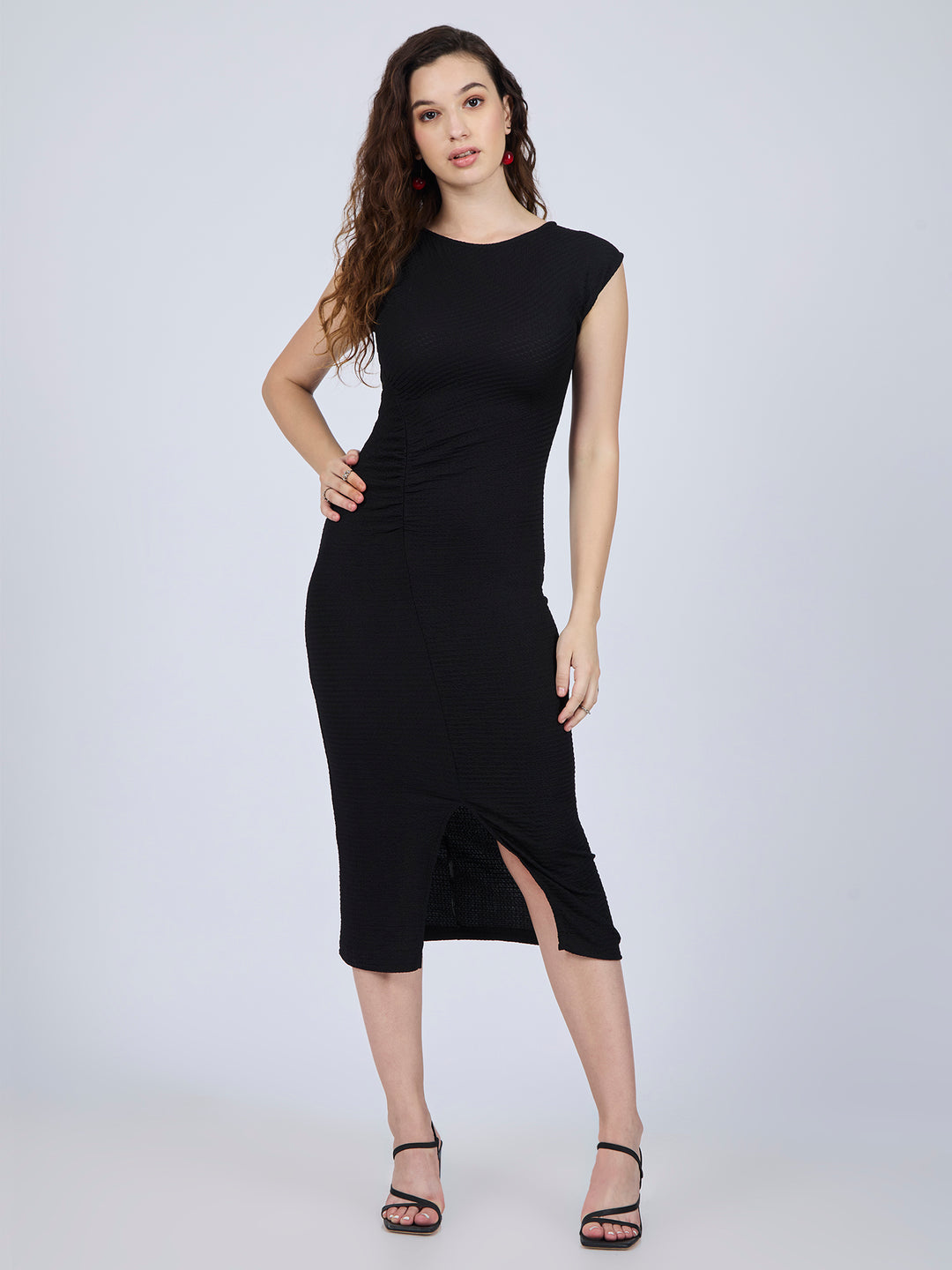 Black Textured Knit Midi Dress