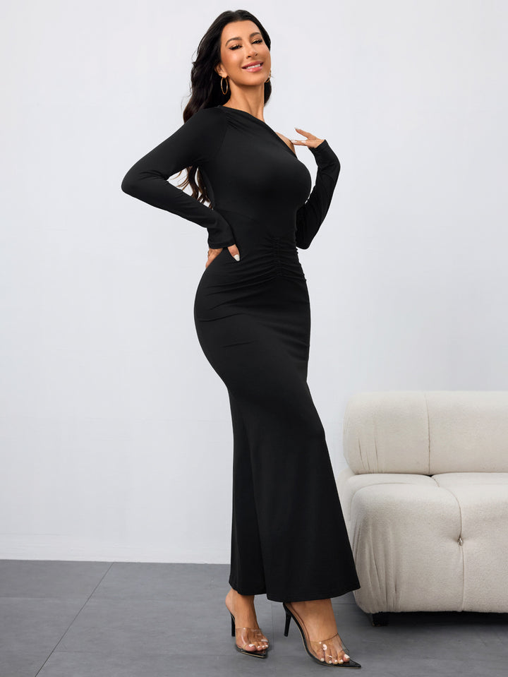 Black One Off Shoulder Full Sleeve Front Ruched Dress