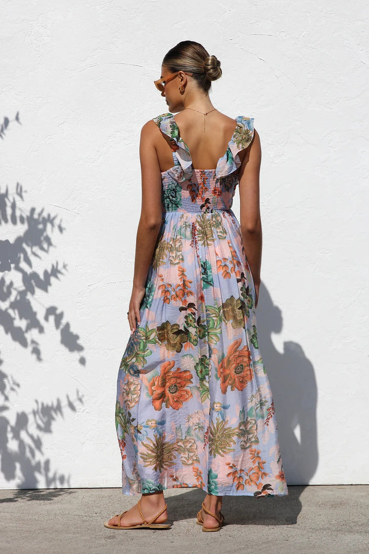 Blue Printed Sleeveless Plunging V-Neck Dress