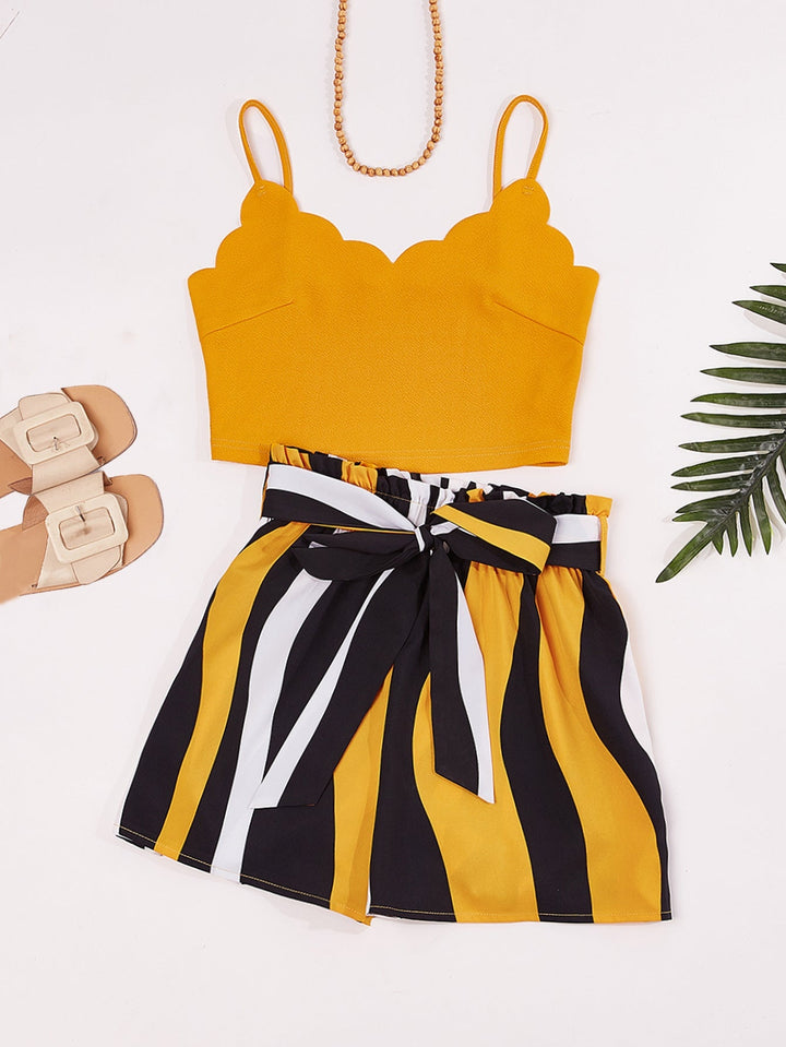 Mustard Spaghetti Strap Sweetheart Neck Top And Striped Shorts Set