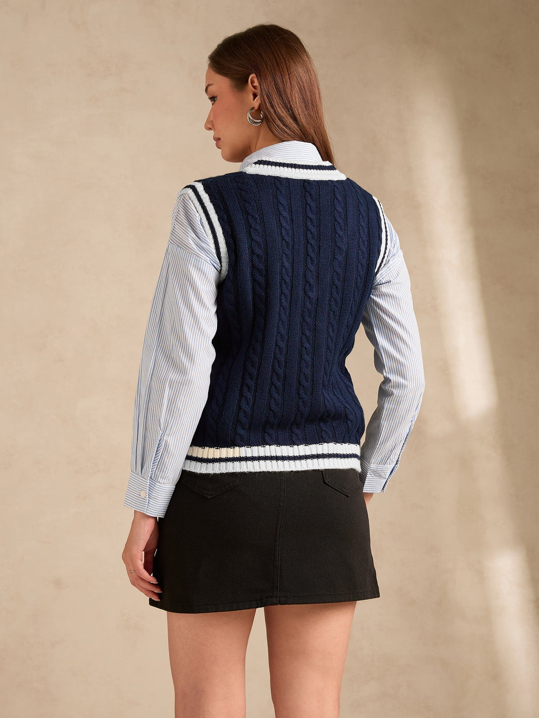 Navy Blue Varsity Contrast Tipping Sweater