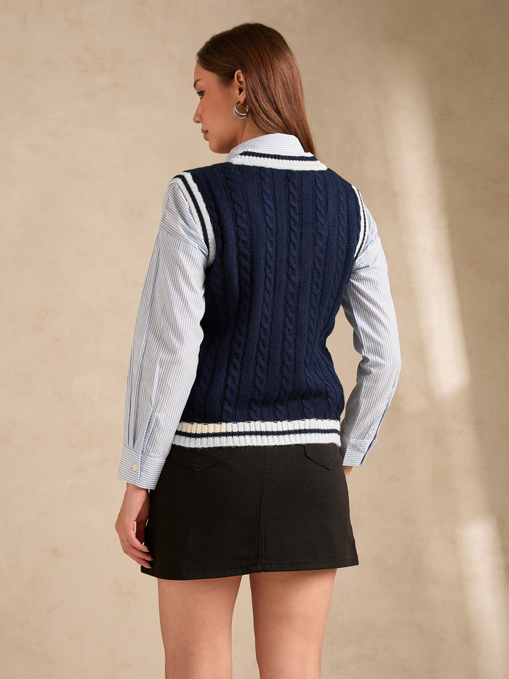 Navy Blue Varsity Contrast Tipping Sweater