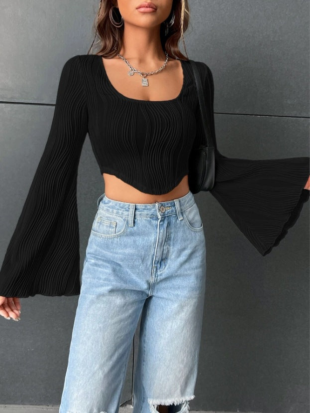 Black Bell Sleeved Apple Hem Top