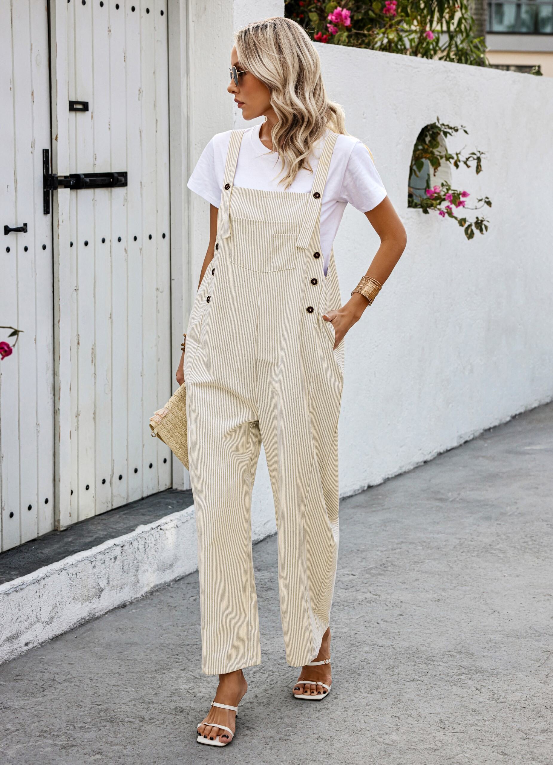 Khaki Striped Dungaree Style Jumpsuit