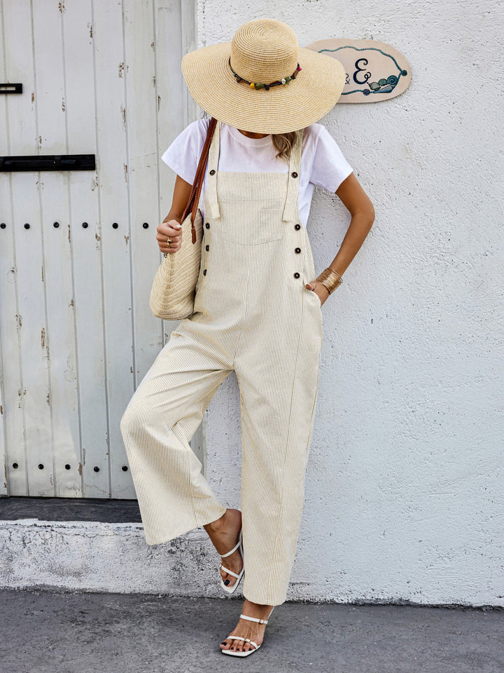 Khaki Striped Dungaree Style Jumpsuit