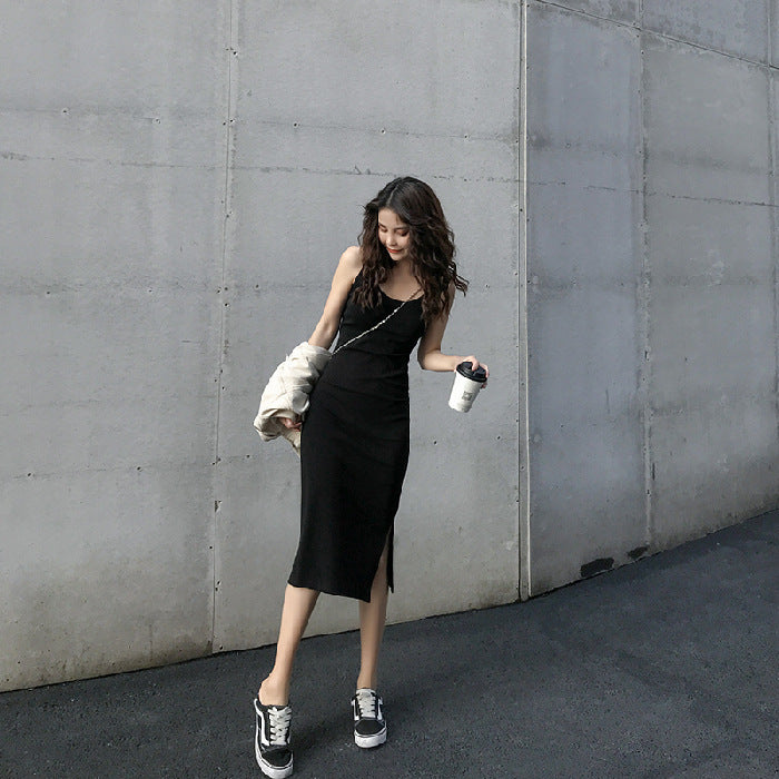 Black U Neck Back Strap Fitted Dress