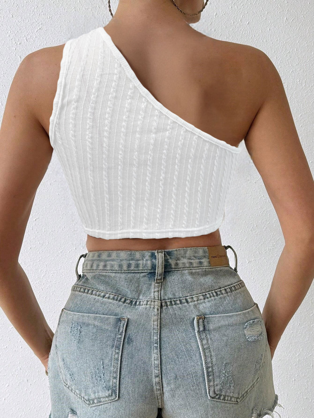 White Textured Knit One Shoulder Tassel Hanging Top