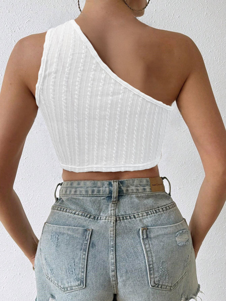 White Textured Knit One Shoulder Tassel Hanging Top