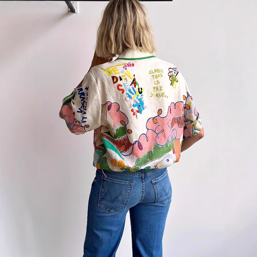 White Abstract Print Short Sleeve Shirt