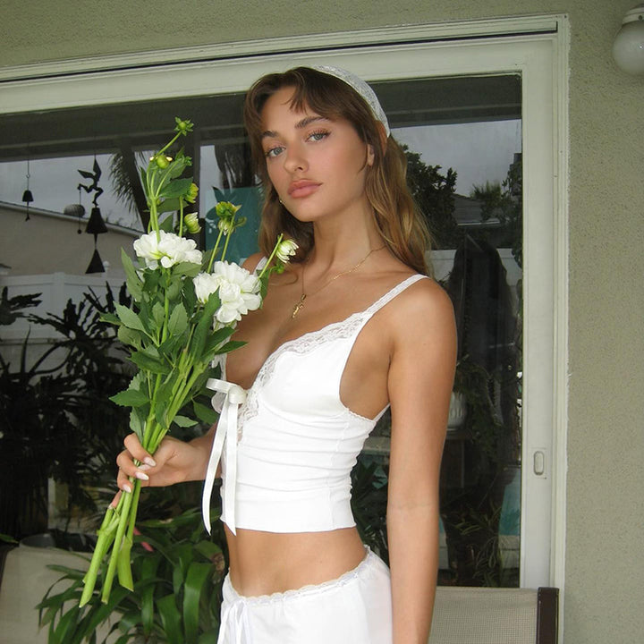 White Corset Camisole With Lace Inserts