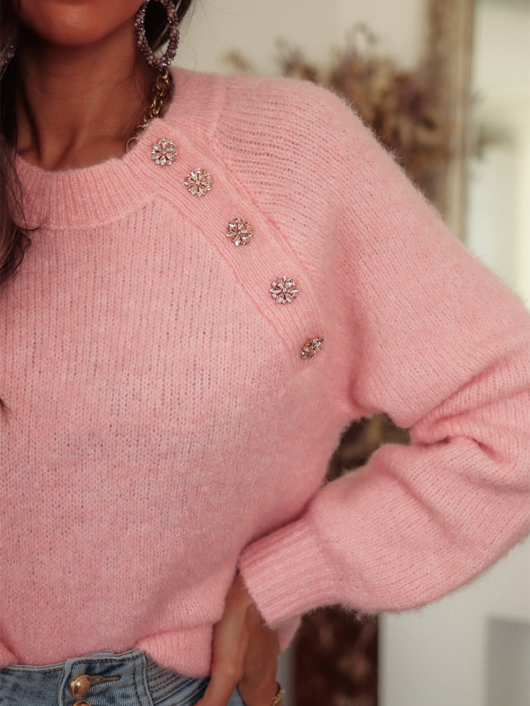 Pink Full Sleeves Solid Sweaters