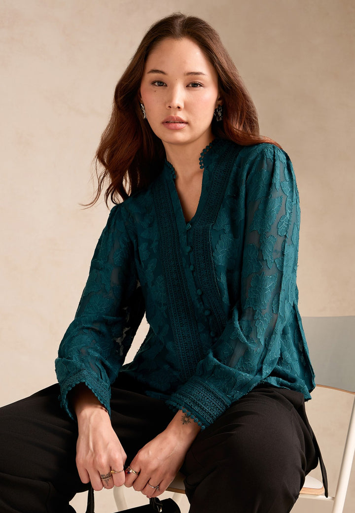 Teal Regular Fit Burnout Fabric Blouse With Lace Details