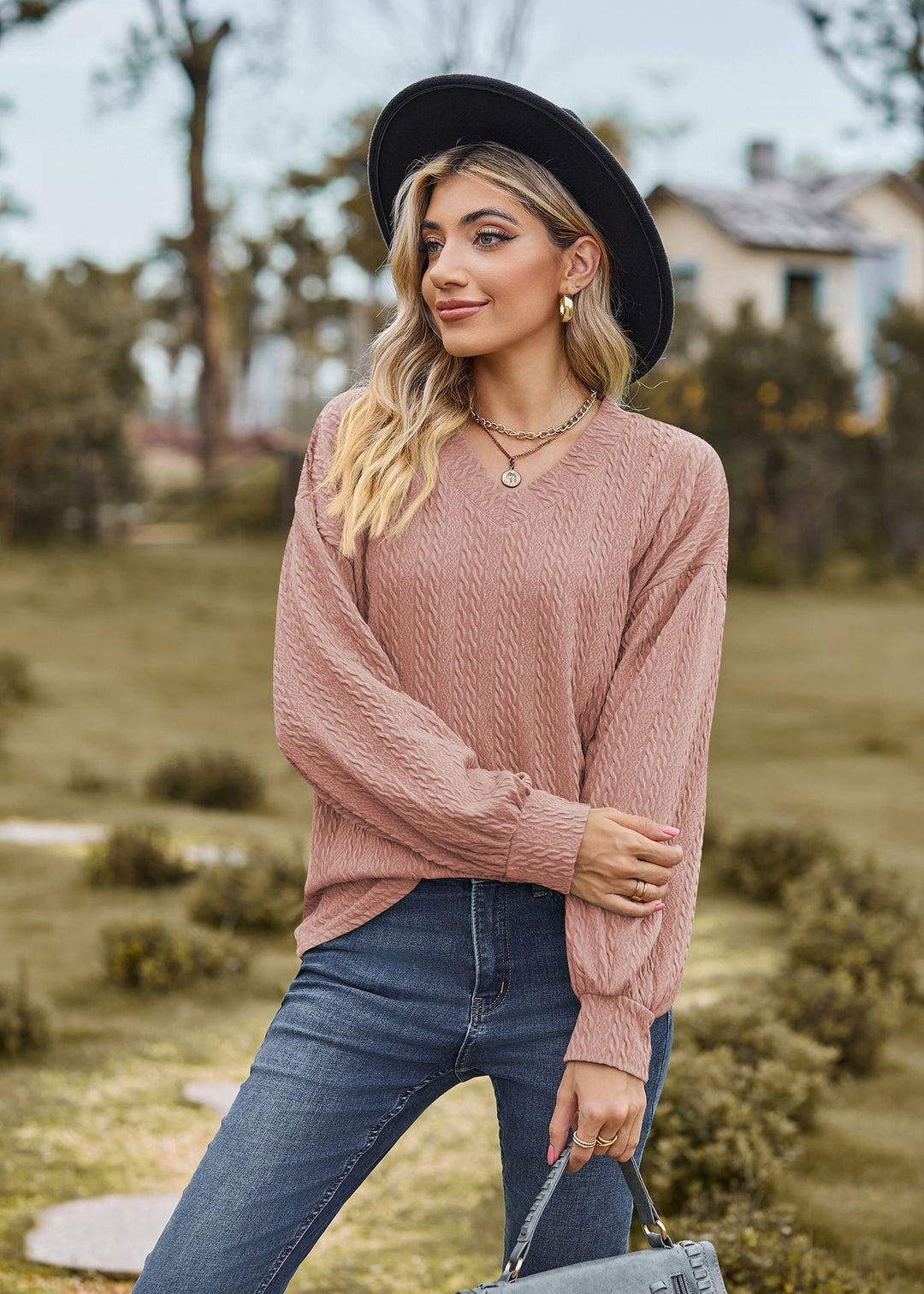 Nude Bishop Sleeve V Neck Sweatshirt