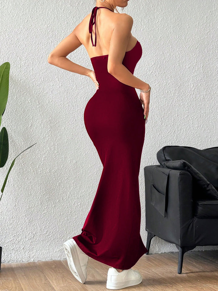 Burgundy Halter Neck Cut Out Dress With Side Slit
