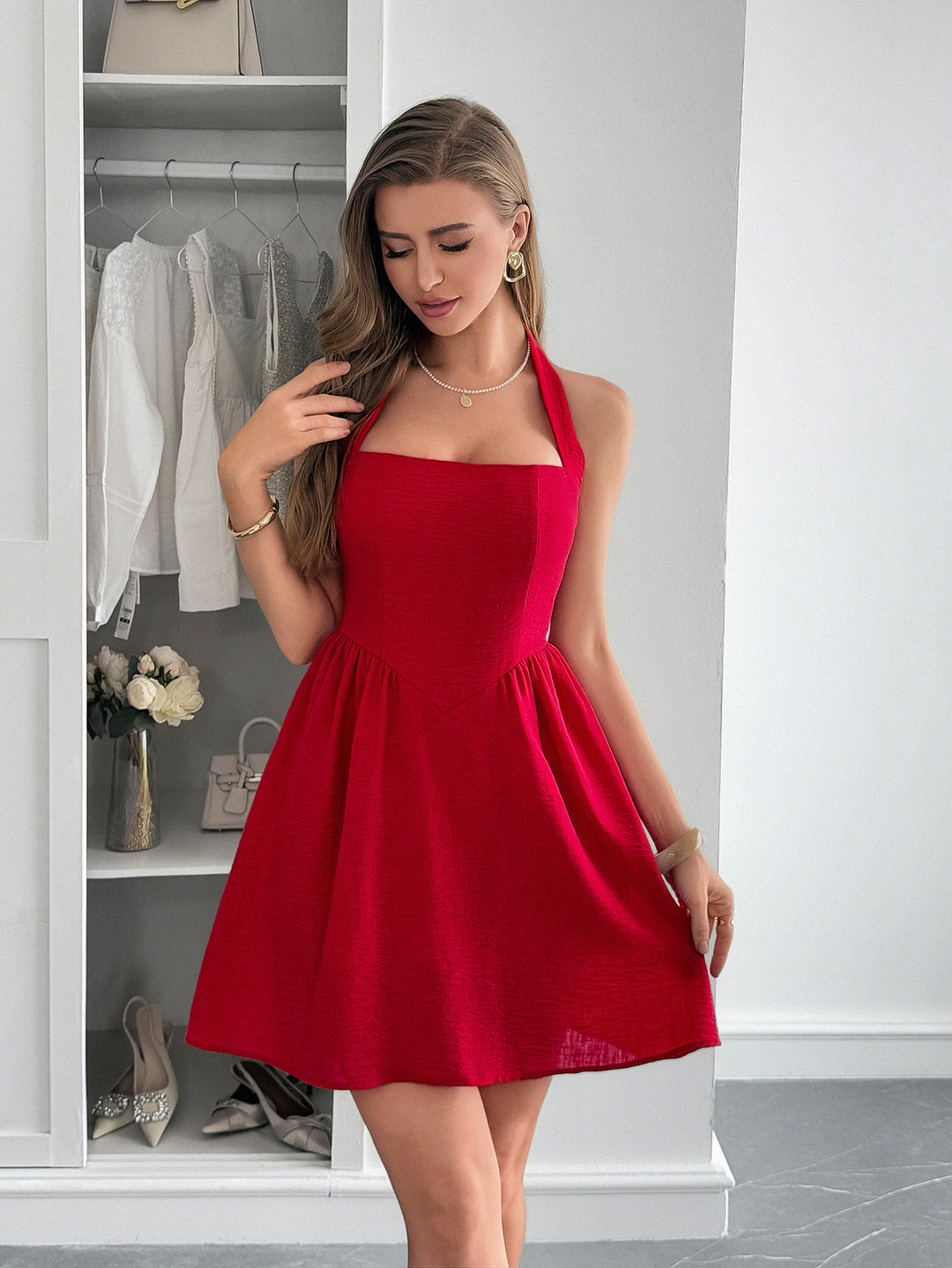 Red Halter Neck Skater Dress