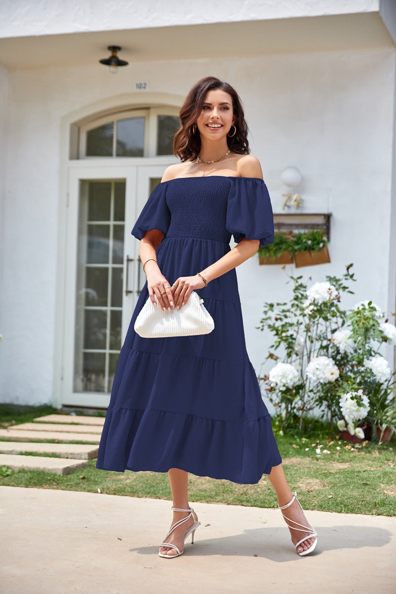 Navy Blue Square Neck Puff Sleeved Tiered Dress