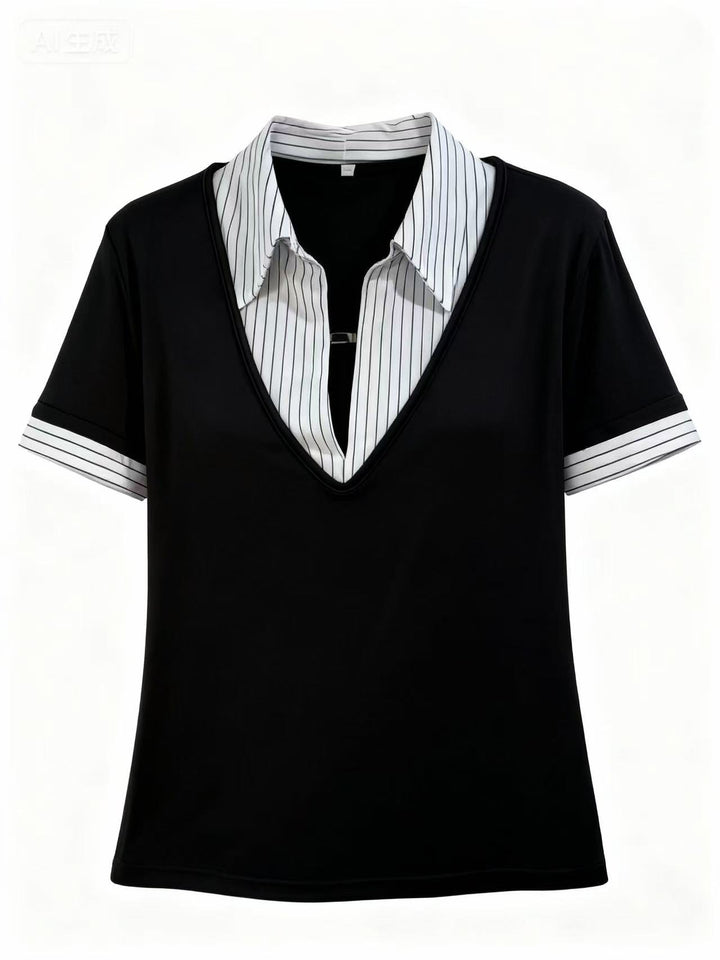 White Short Sleeve Contrast Collar Fitted Top