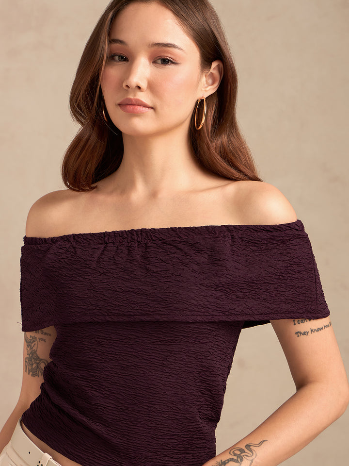 Wine Textured Off-Shoulder Rop