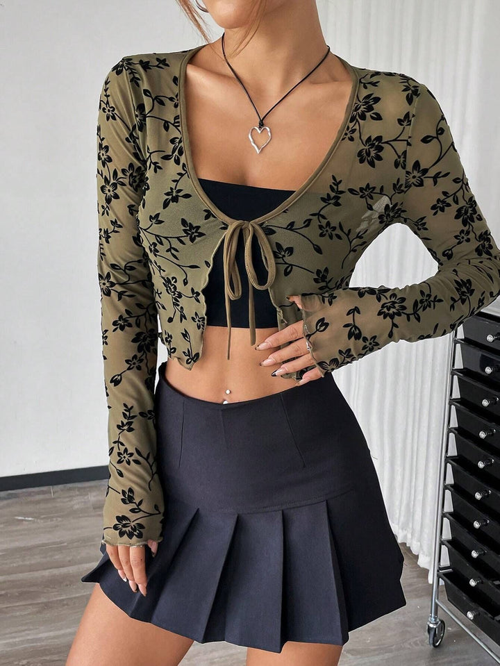 Olive Printed Full Sleeve Tie-Up Top