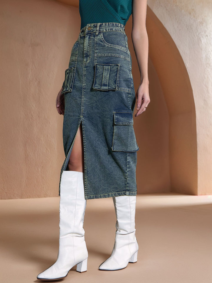 Green High Waist Front Slit Skirt