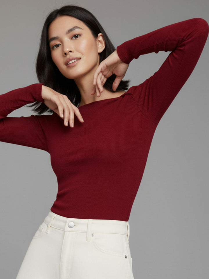 Wine Asymmetric Neckline Solid Top