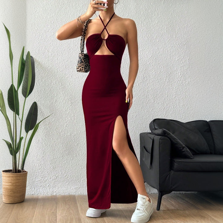 Burgundy Halter Neck Cut Out Dress With Side Slit
