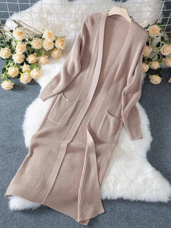 Beige Full Sleeves Solid Long Cardigan