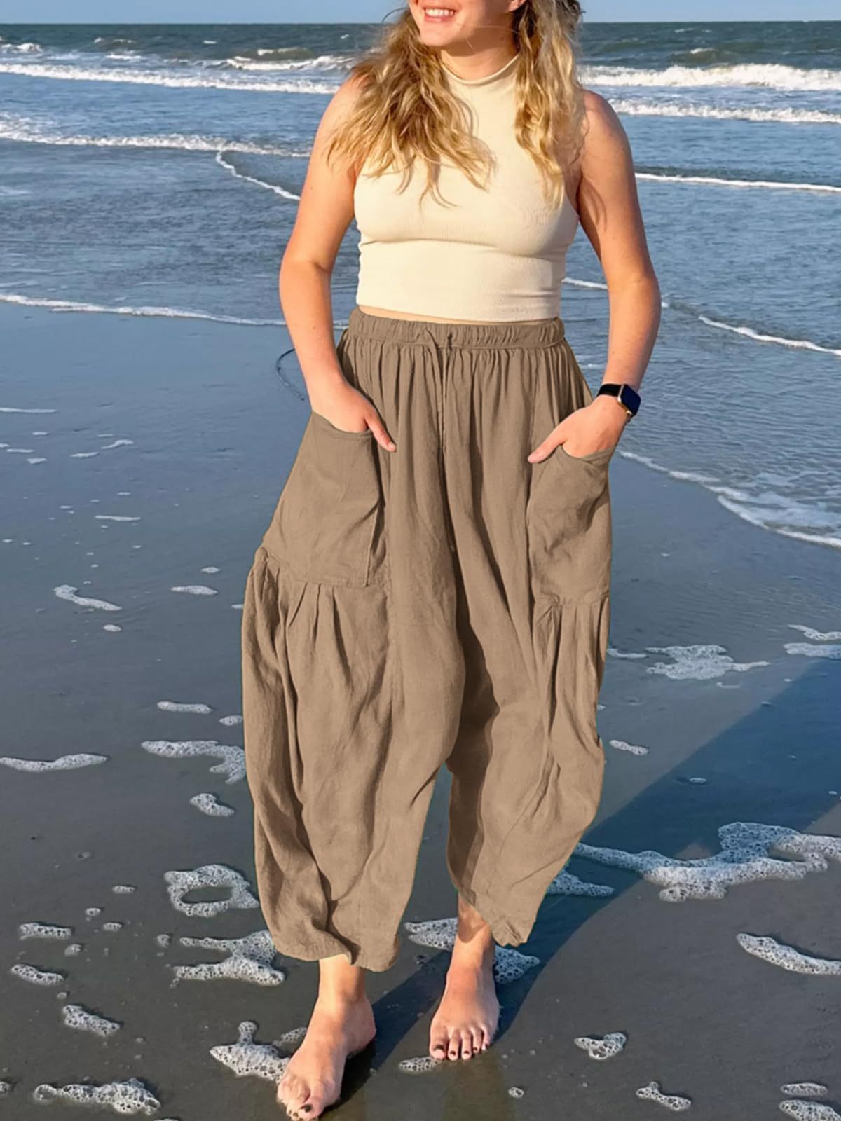 Off White Wide Leg Casual Cargo Pants