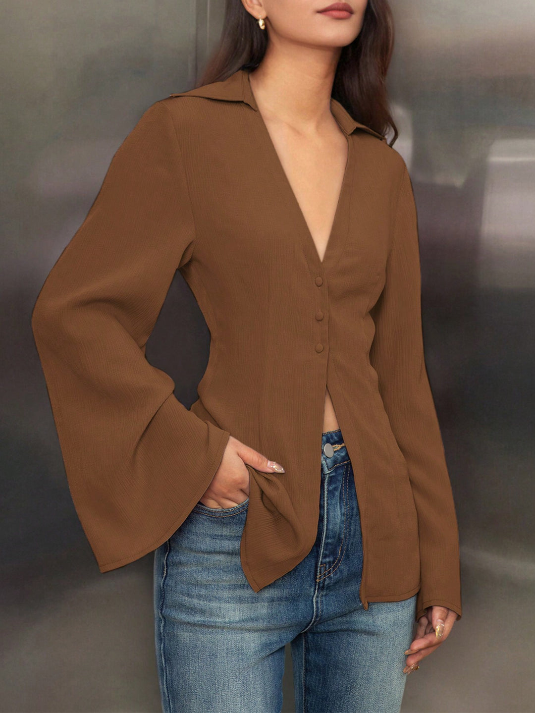 Brown V-Neck Long Sleeve Shirt