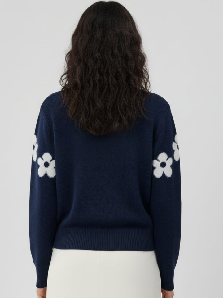 Navy Blue Full Sleeve Round Neck Printed Sweater