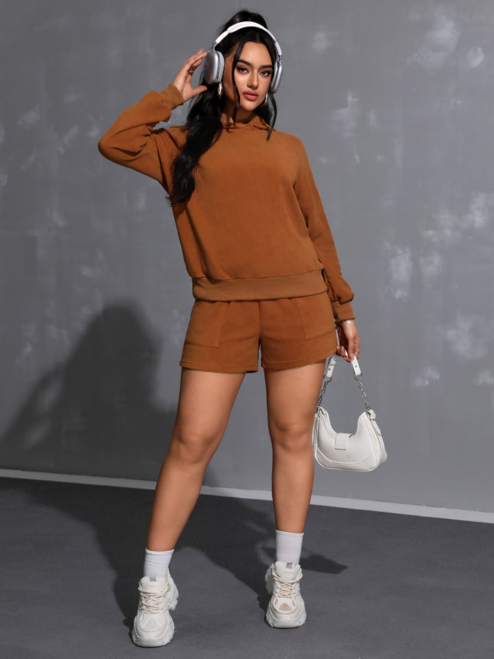 Brown Full Sleeve Hooded Sweatshirt And Shorts Set