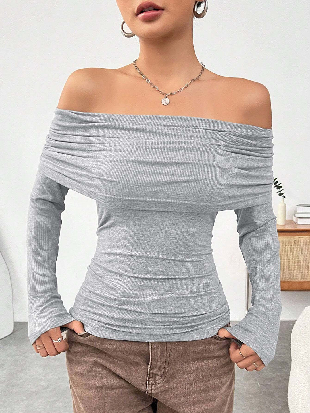 Grey Full Sleeved Off-Shoulder Knit Top