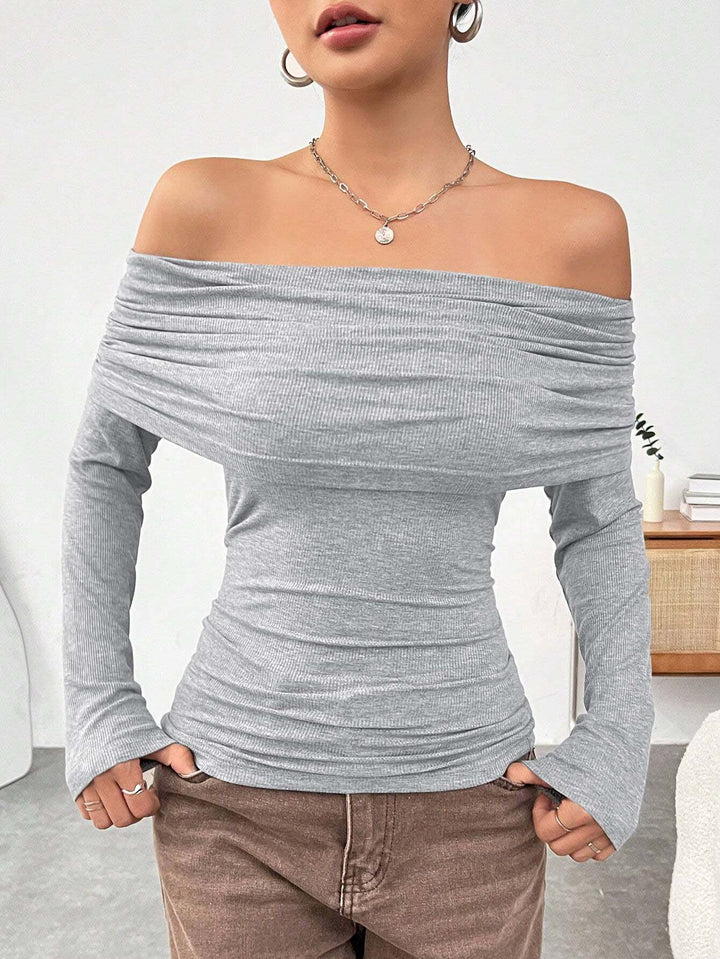 Grey Full Sleeved Off-Shoulder Knit Top