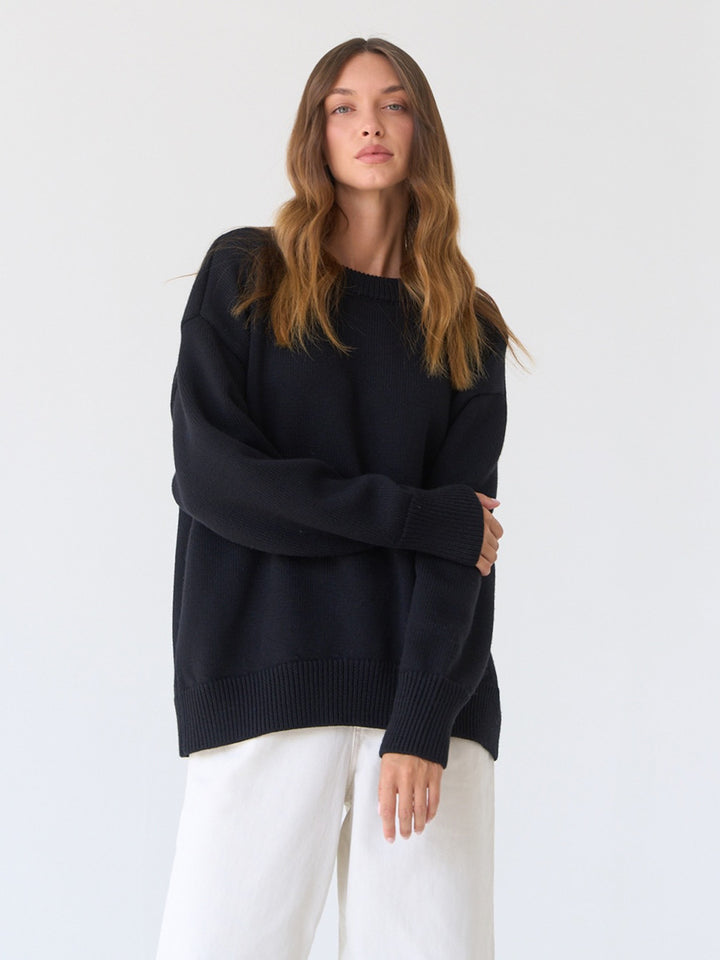 Black Relaxed High Neck Solid Sweater