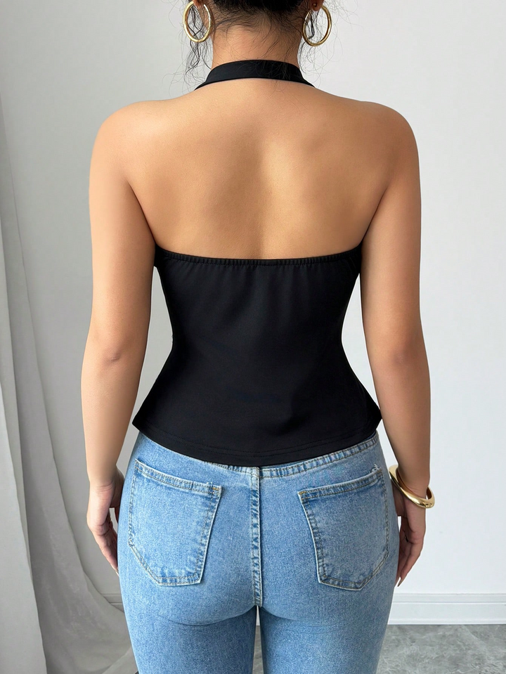 Black Halter Neck Asymmetrical Top