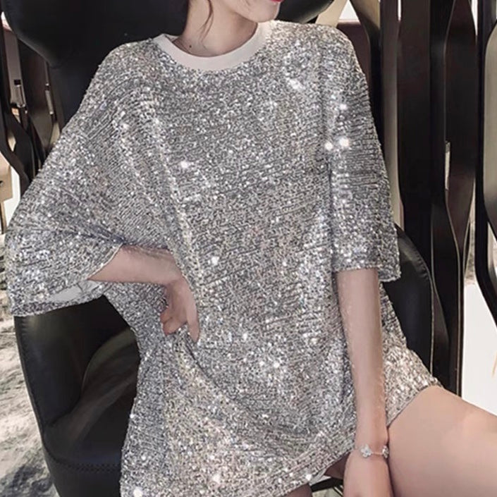 Cream Sequin T-Shirt Dress