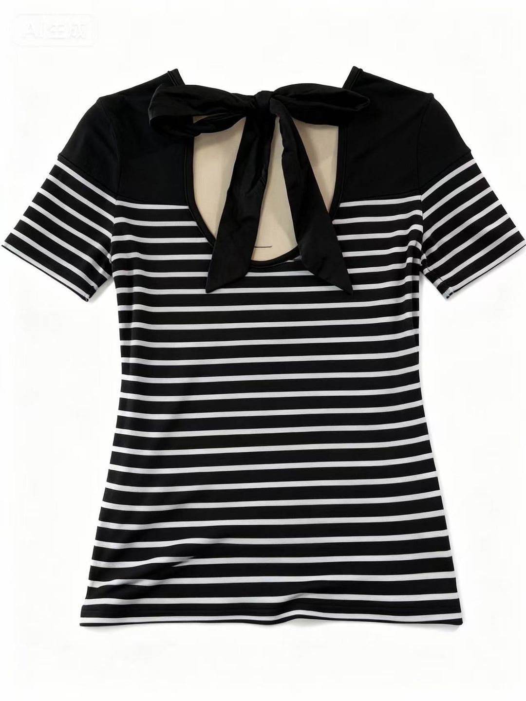 Black Short Sleeve Striped Back Bow Top
