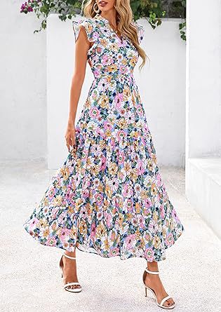 Blue Printed Flutter Sleeved Midi Dress