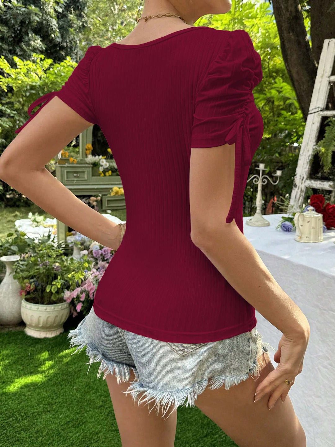 Wine Puff Sleeved Sweet Heart Neck Top