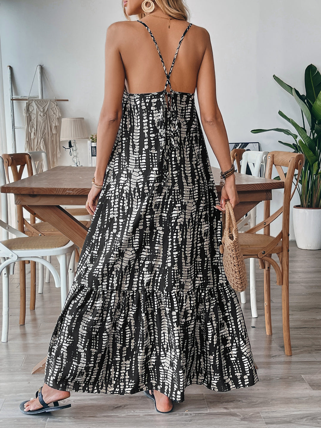 Black Strappy Printed Maxi Dress